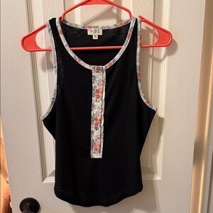POL Black Ribbed Tank with Floral Trim